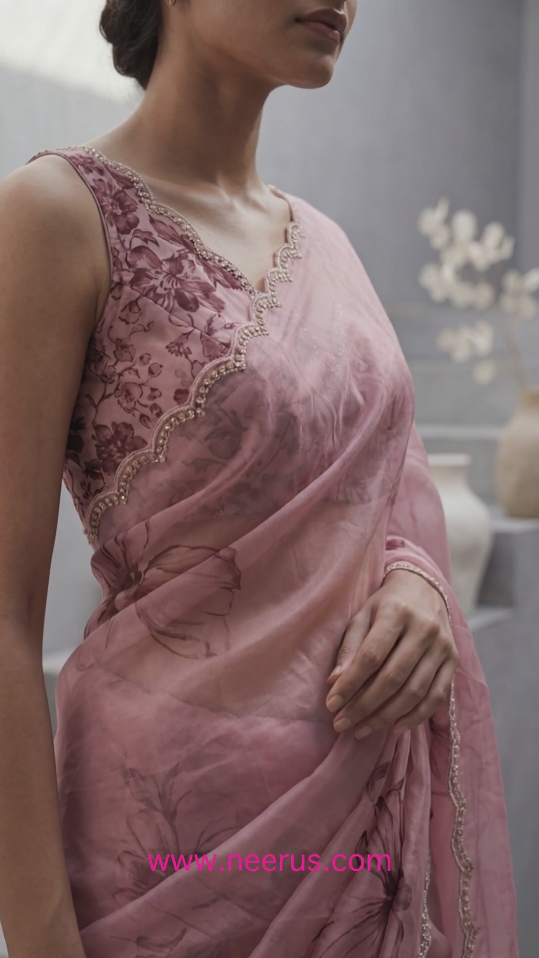 Magenta Satin Printed Saree