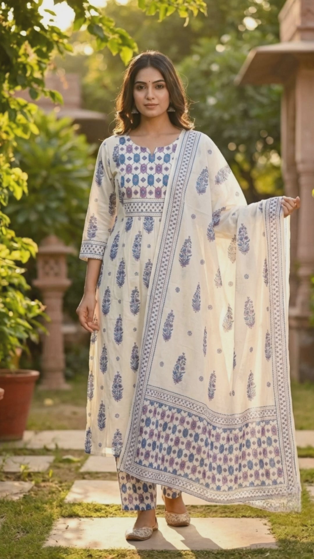Blue Cotton Printed Three Piece Set