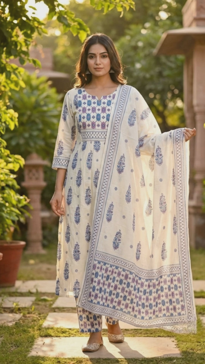 Blue Cotton Printed Three Piece Set