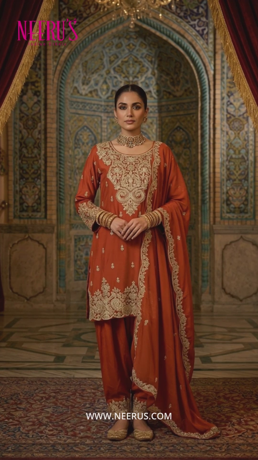 Rust Chinon Embroidery Dhoti Set With Dupatta