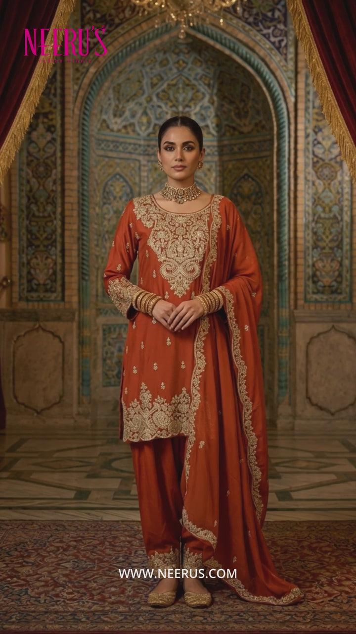 Rust Chinon Embroidery Dhoti Set With Dupatta