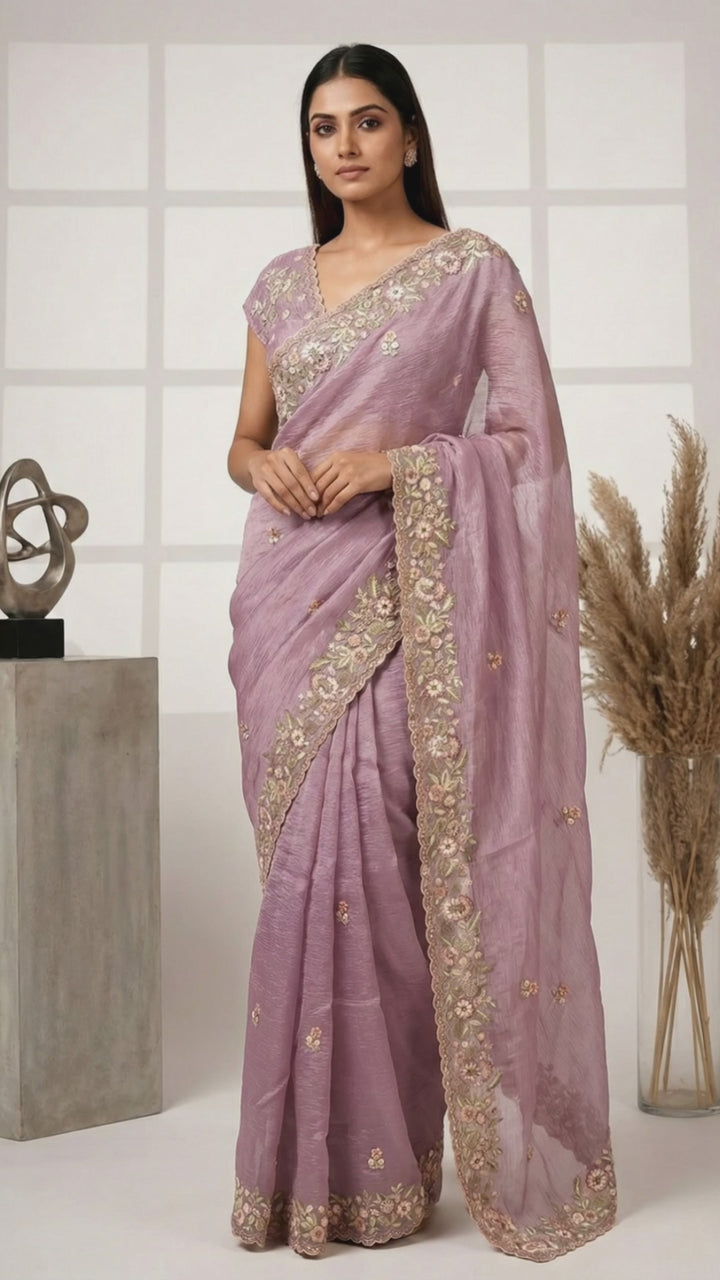 Purple Georgette Floral Hand Embroidered Saree