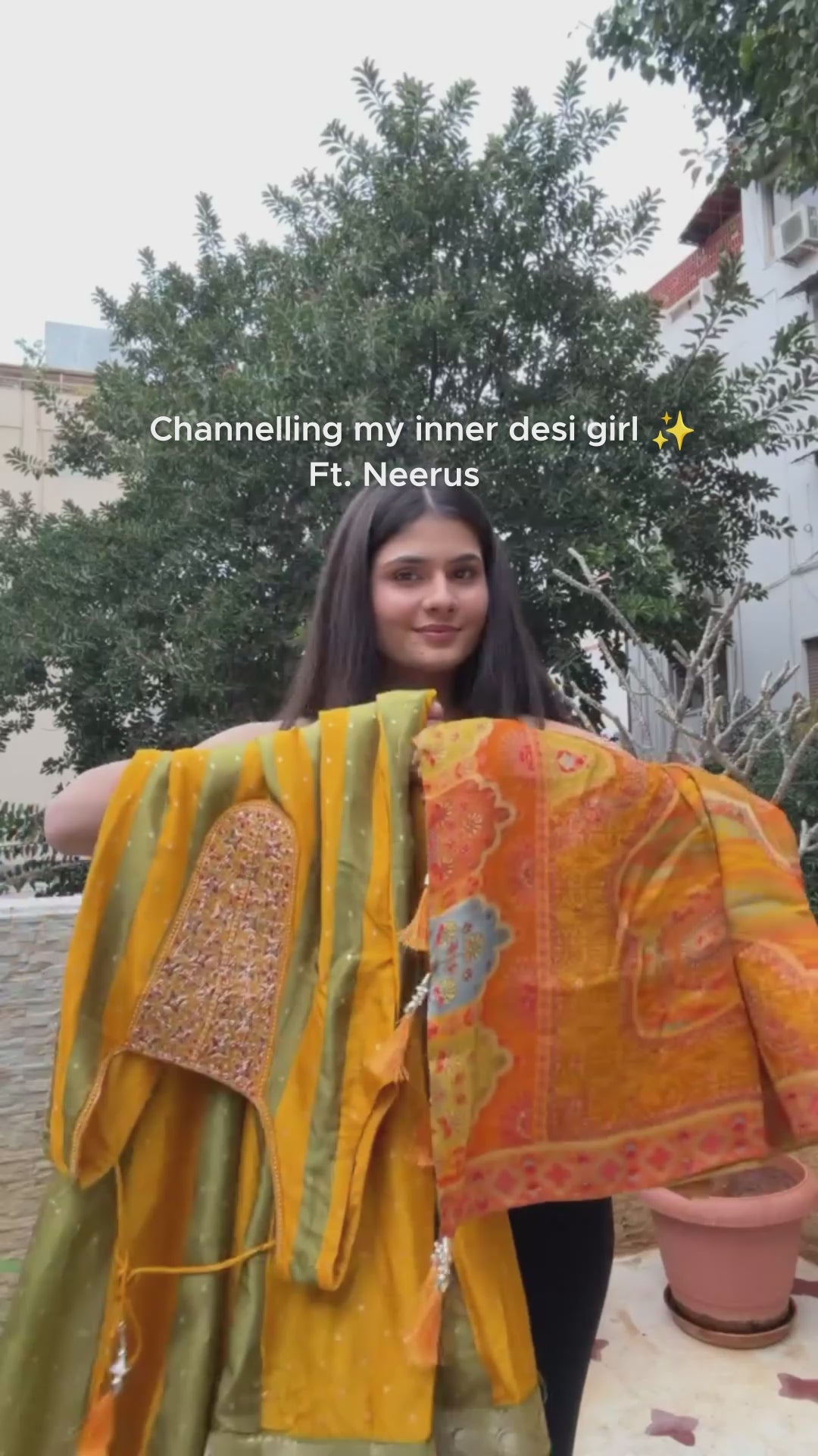 Mustard and green striped silk embroidered anarkali set