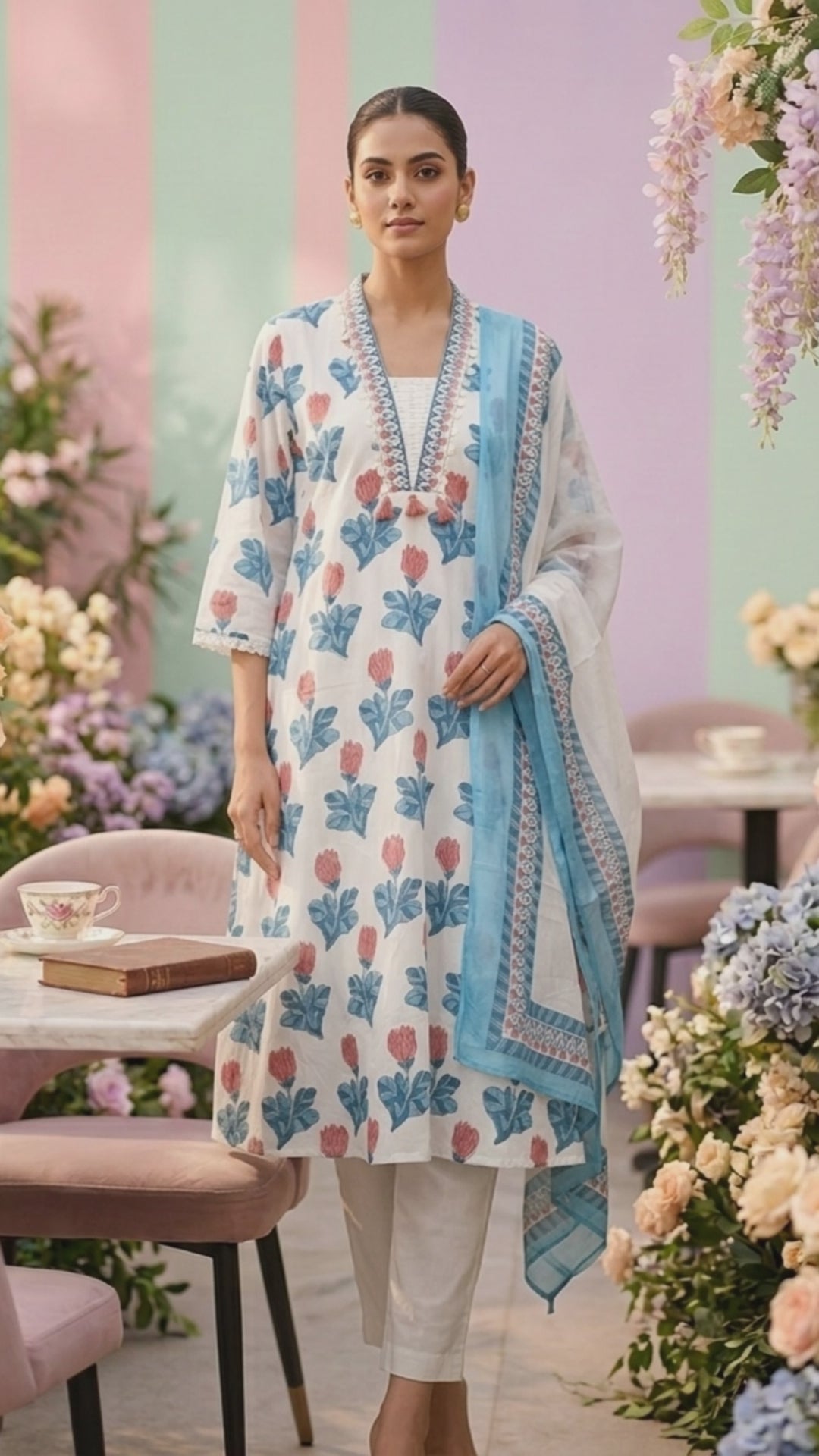 Blue Cotton Printed And Embroidery Three Piece Set