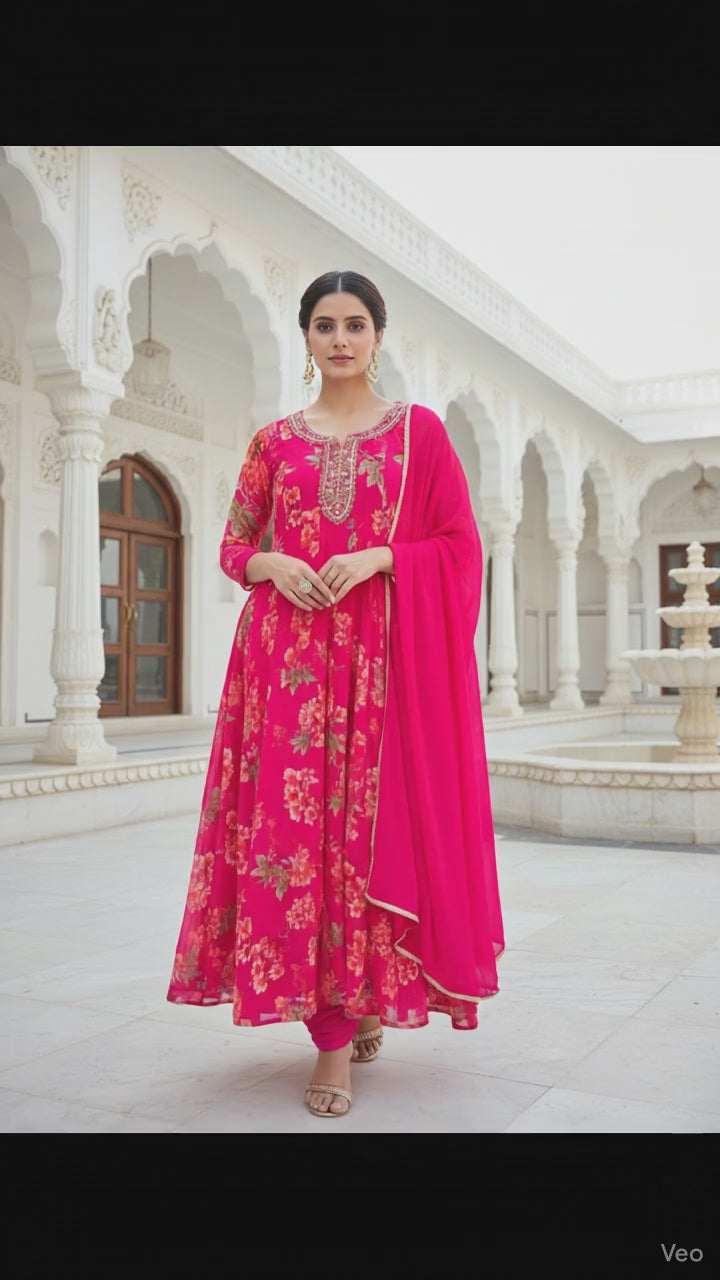 Rani Pink Tissue Floral Digital Printed Three Piece Suit Set