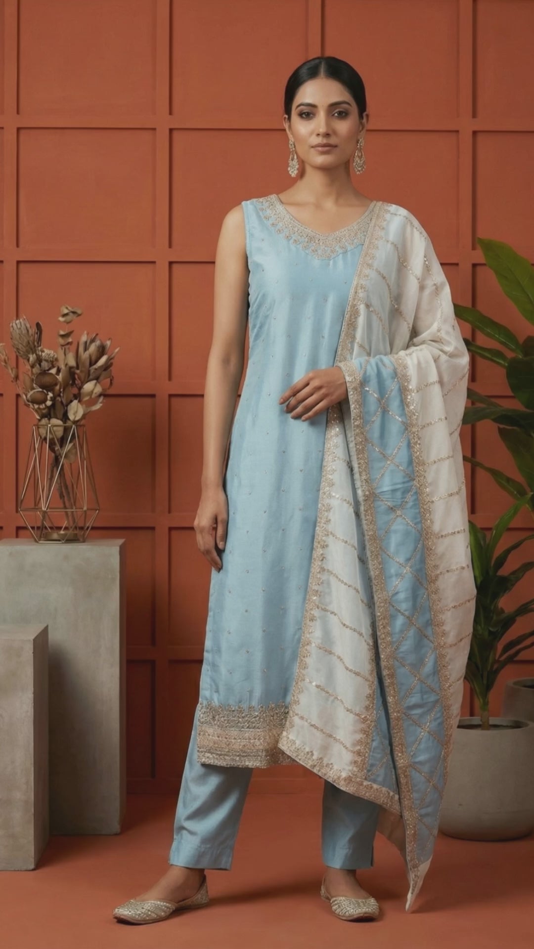 Sky Blue Vichitra Silk Embroidery Three Piece Set