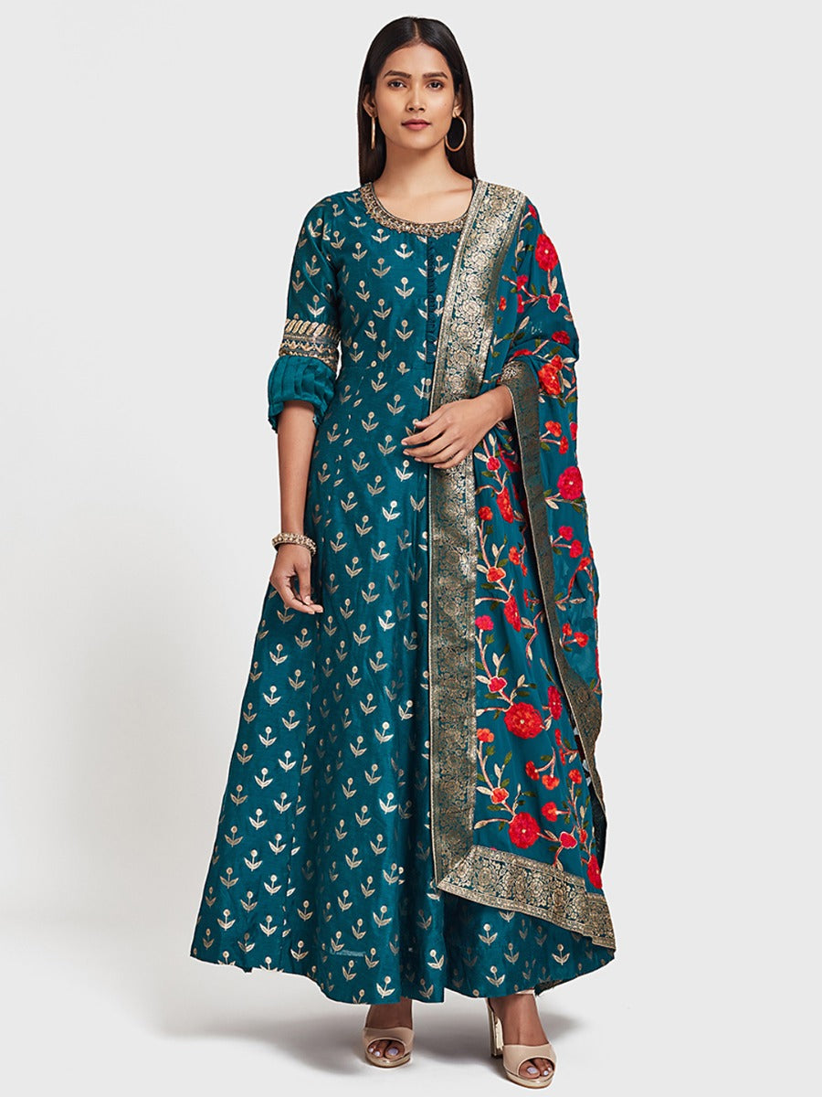 Neerus Blue Printed Anarkali Kurta With Dupatta