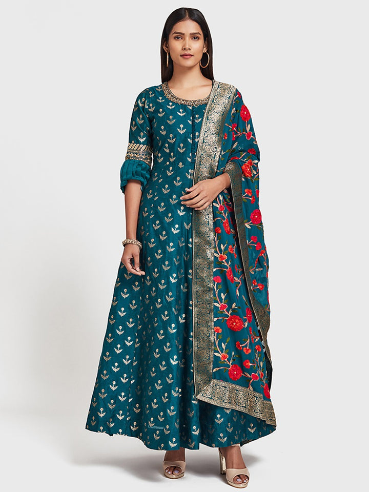 Neerus Blue Printed Anarkali Kurta With Dupatta