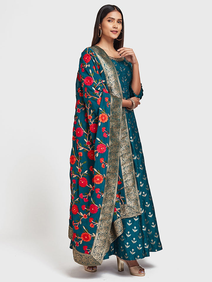 Neerus Blue Printed Anarkali Kurta With Dupatta