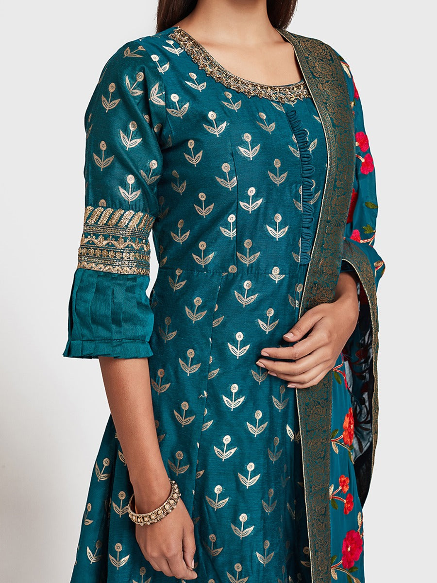 Neerus Blue Printed Anarkali Kurta With Dupatta