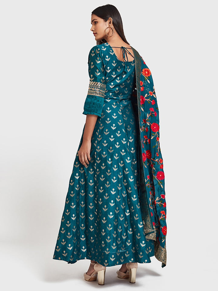 Neerus Blue Printed Anarkali Kurta With Dupatta