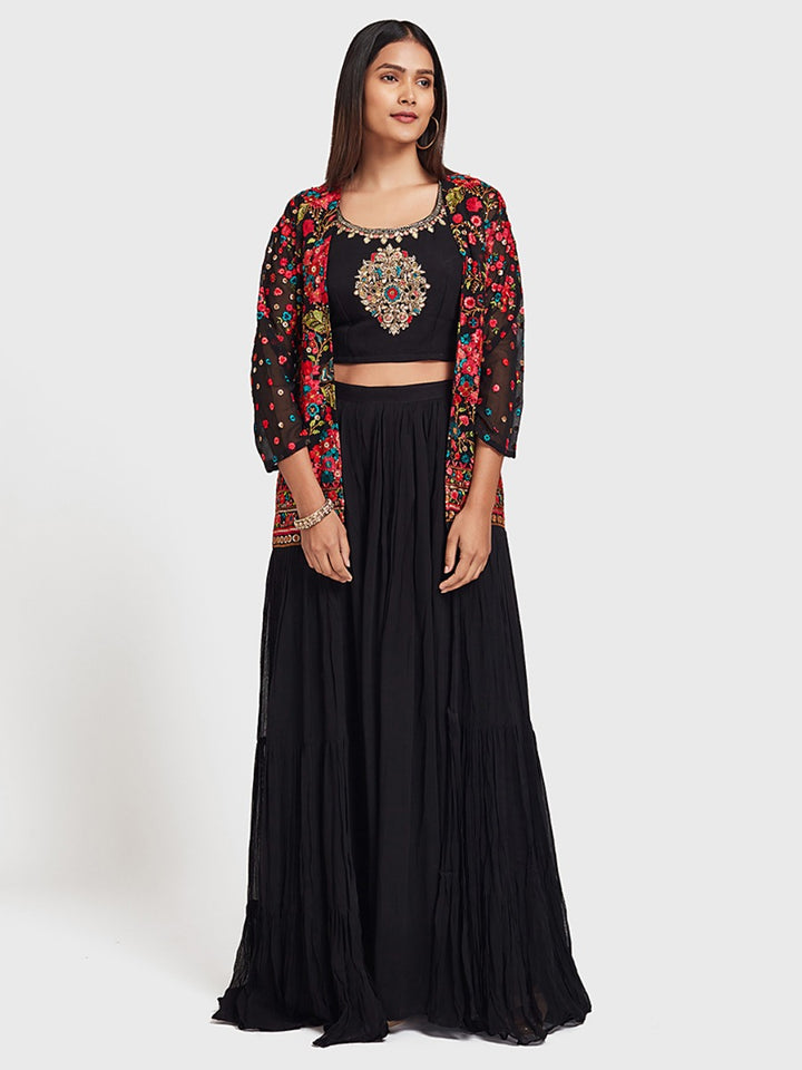 Neerus Black Embroidered Top & Skirt Set With Shrug