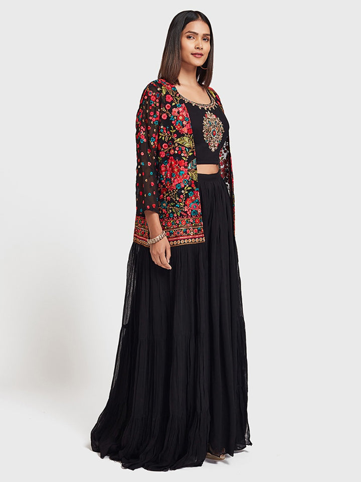 Neerus Black Embroidered Top & Skirt Set With Shrug