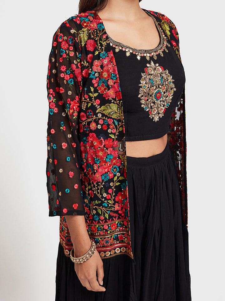 Neerus Black Embroidered Top & Skirt Set With Shrug