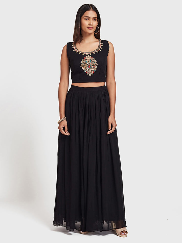 Neerus Black Embroidered Top & Skirt Set With Shrug