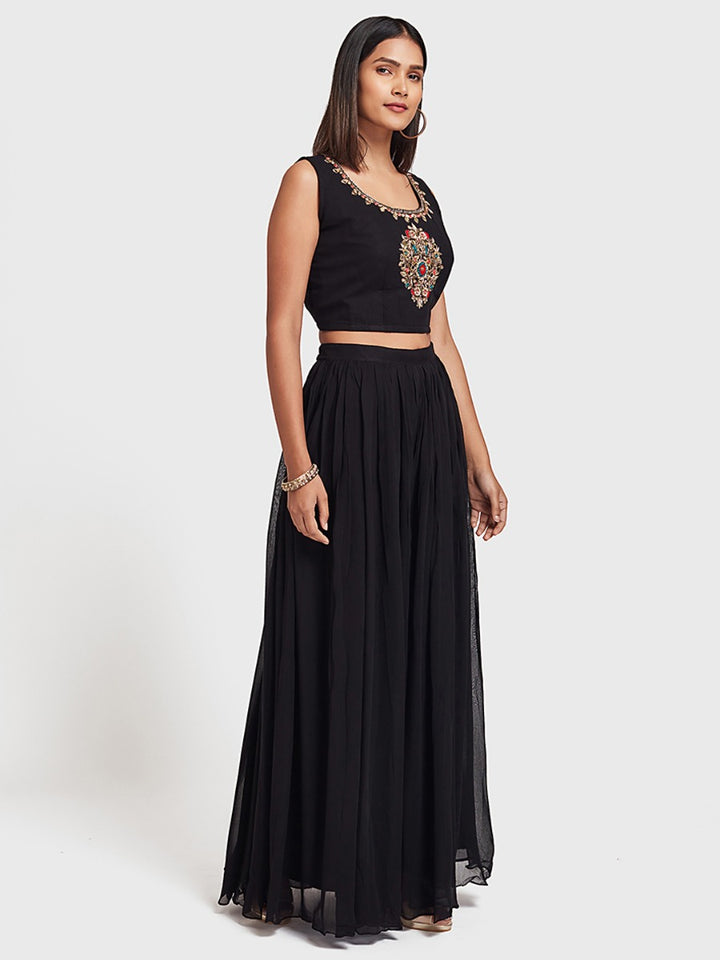 Neerus Black Embroidered Top & Skirt Set With Shrug