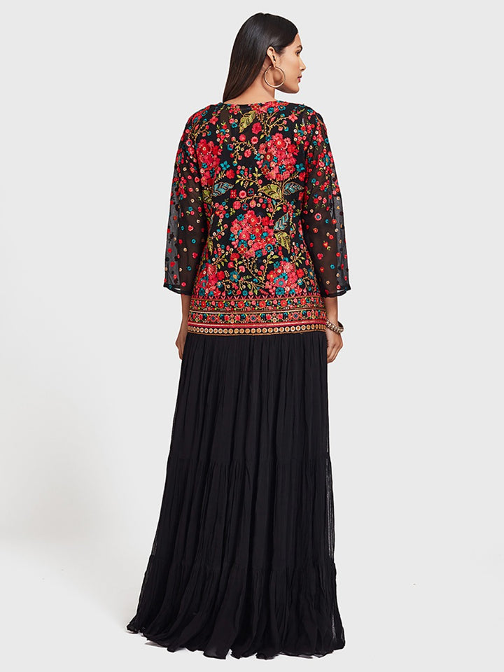 Neerus Black Embroidered Top & Skirt Set With Shrug
