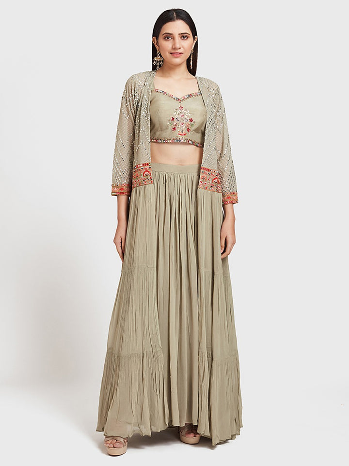 Neerus Green Georgette Anarkali Suit Set - front view