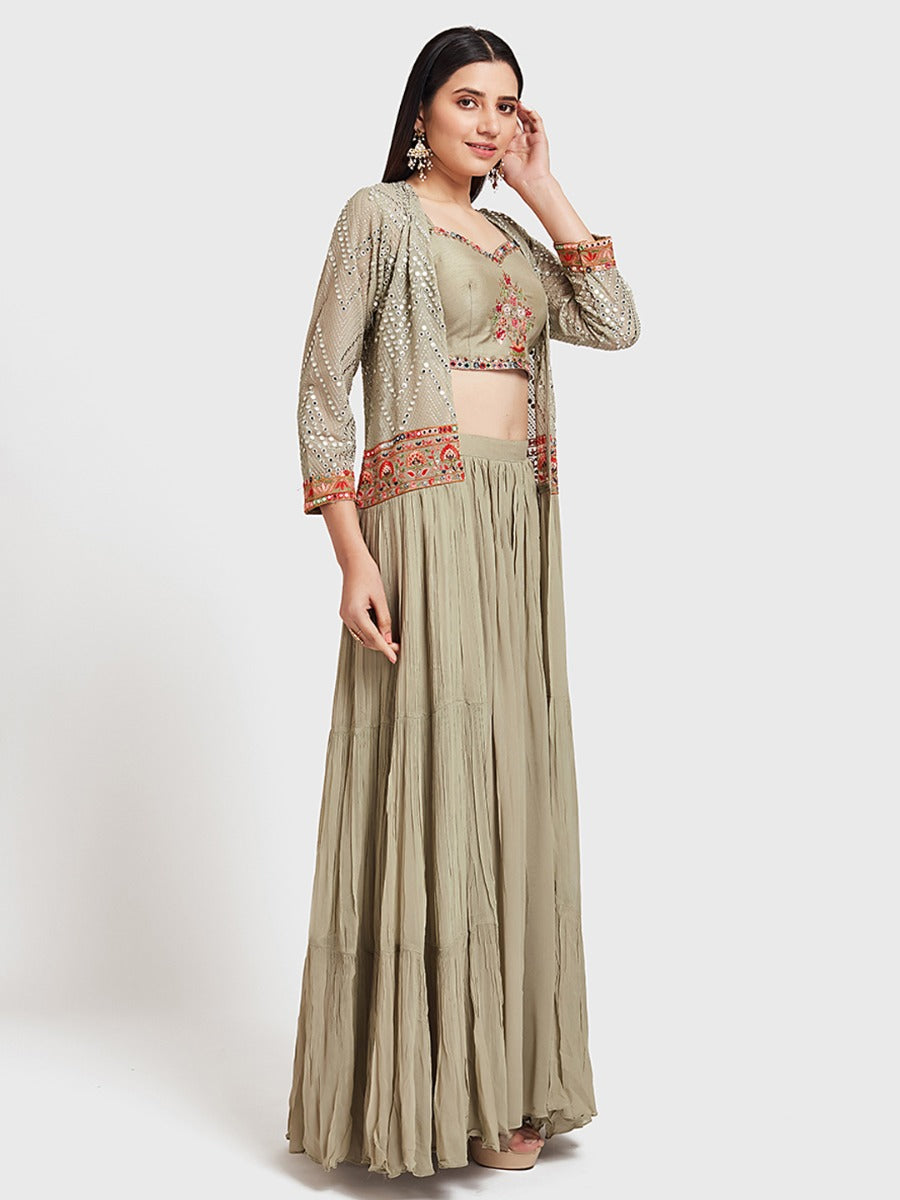 Neerus Green Georgette Anarkali Suit Set - back view