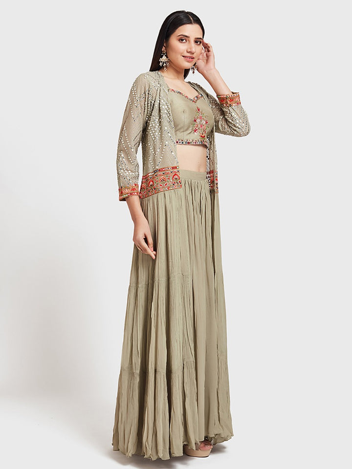 Neerus Green Georgette Anarkali Suit Set - back view
