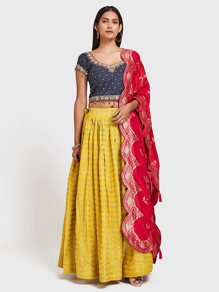Neerus Yellow silk flared lehenga set - front view