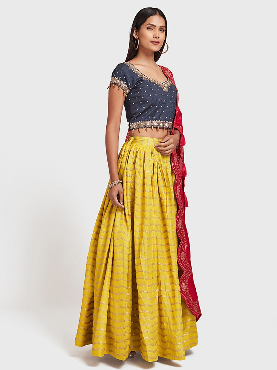 Neerus Yellow silk flared lehenga set - back view