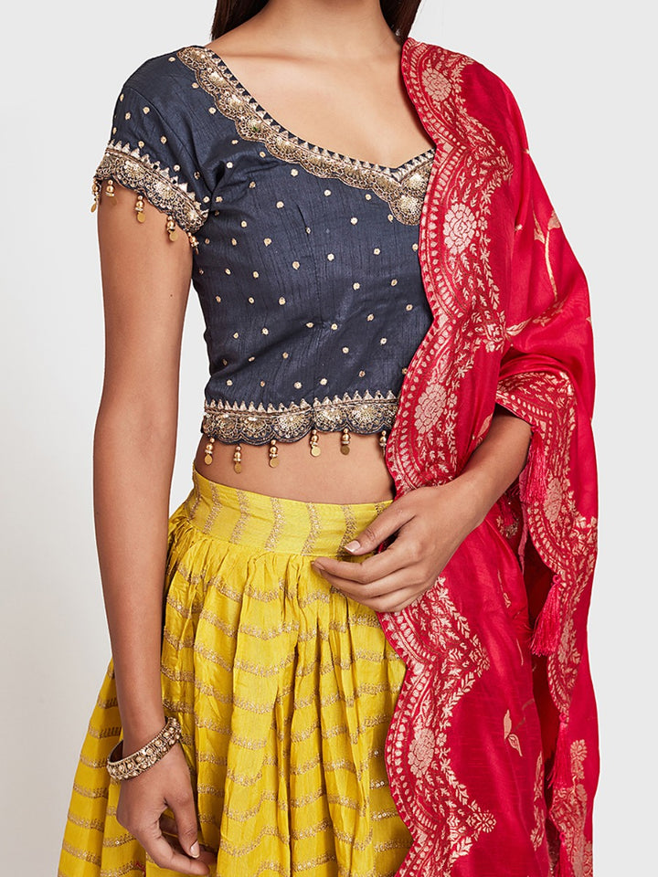 Neerus Yellow silk flared lehenga set - side view