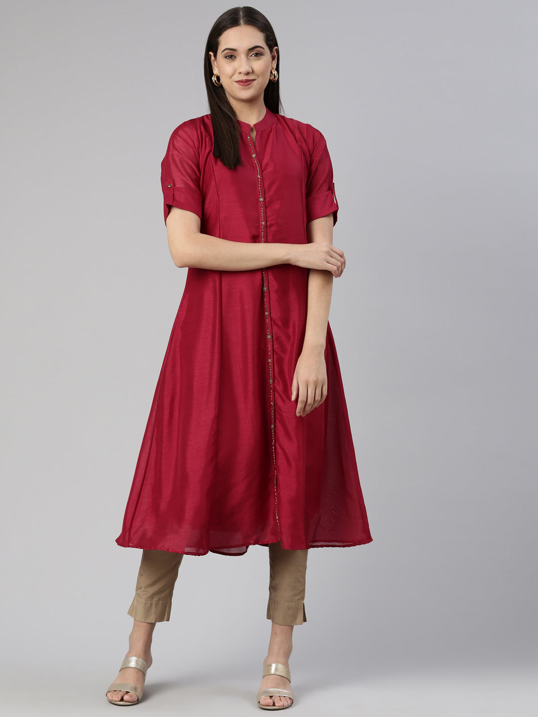 Neerus Purple crepe embellished anarkali kurta - front view