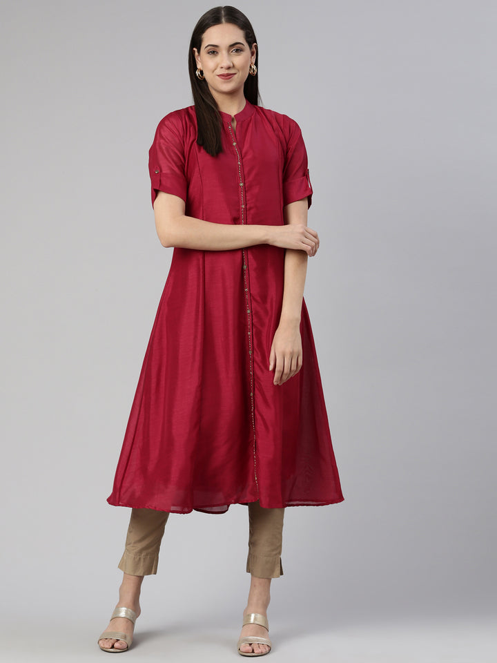 Neerus Purple crepe embellished anarkali kurta - front view