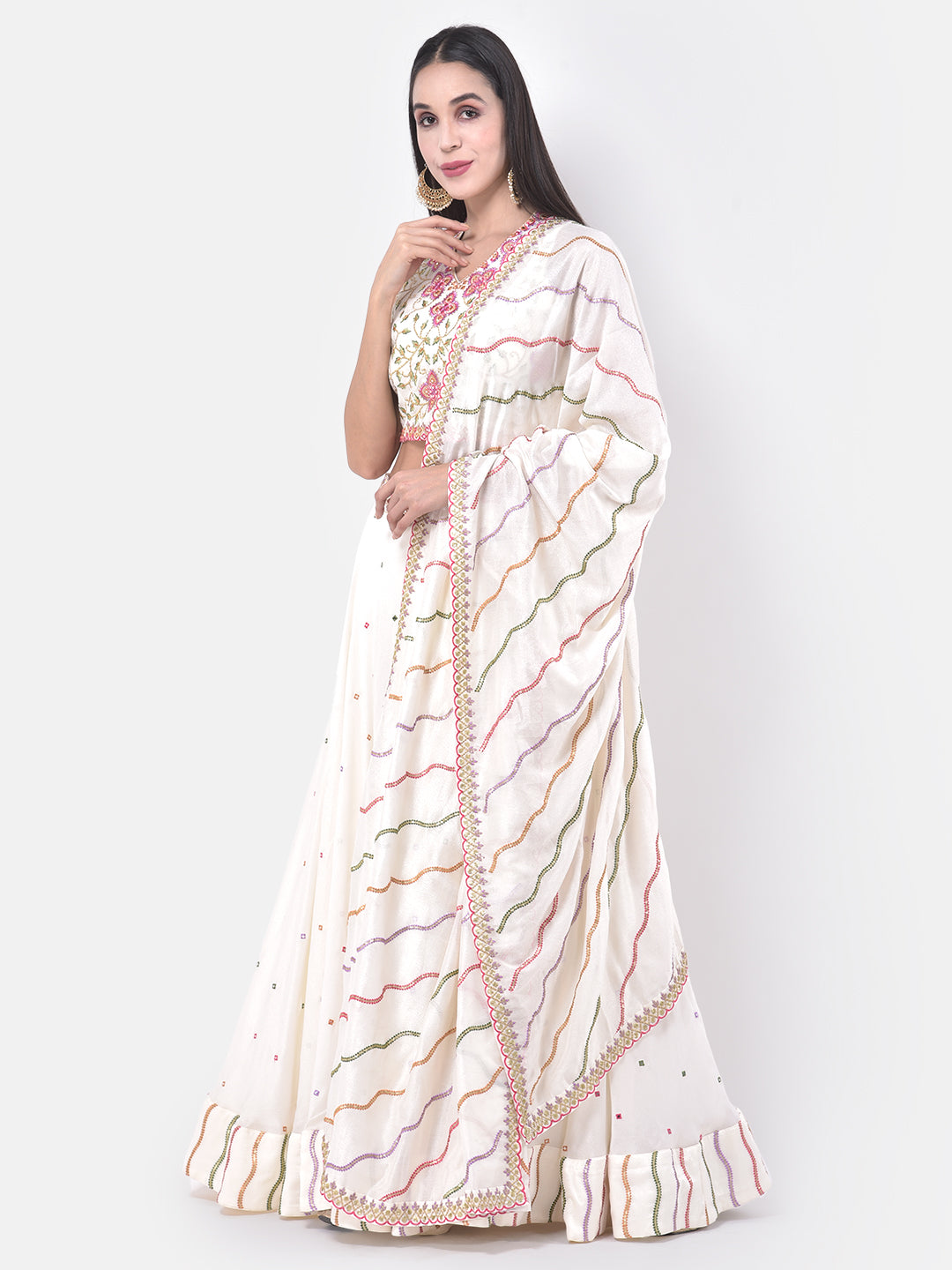 Neeru'S Cream Color Georgette Fabric Ghagra Set