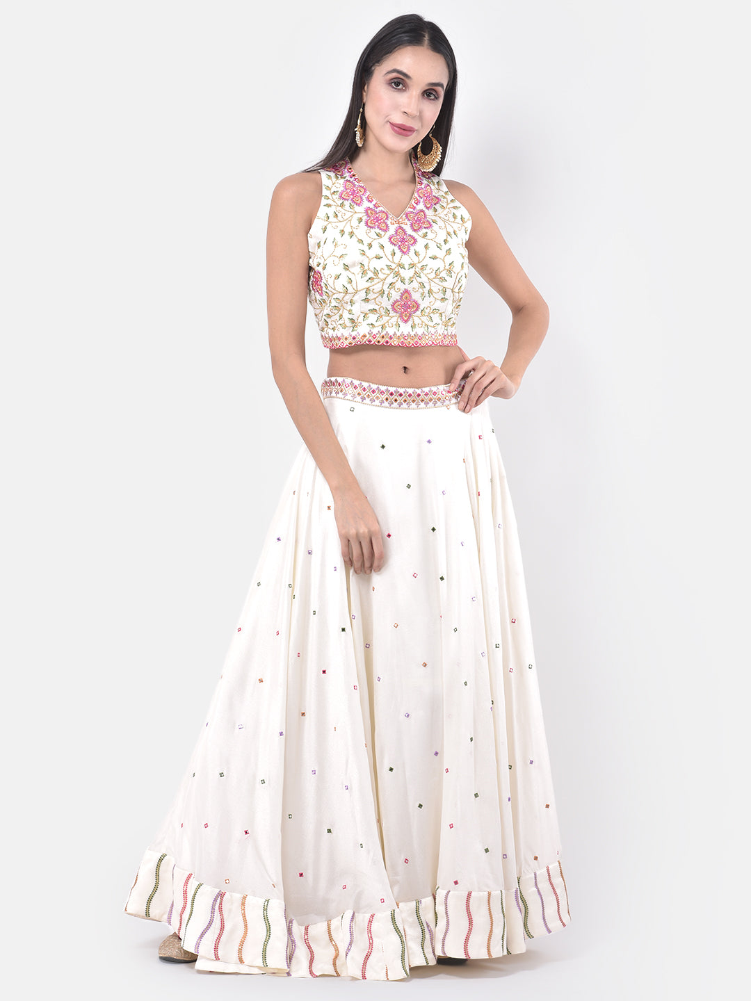 Neeru'S Cream Color Georgette Fabric Ghagra Set
