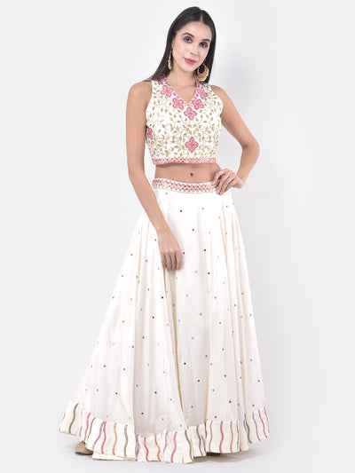 Neeru'S Cream Color Georgette Fabric Ghagra Set