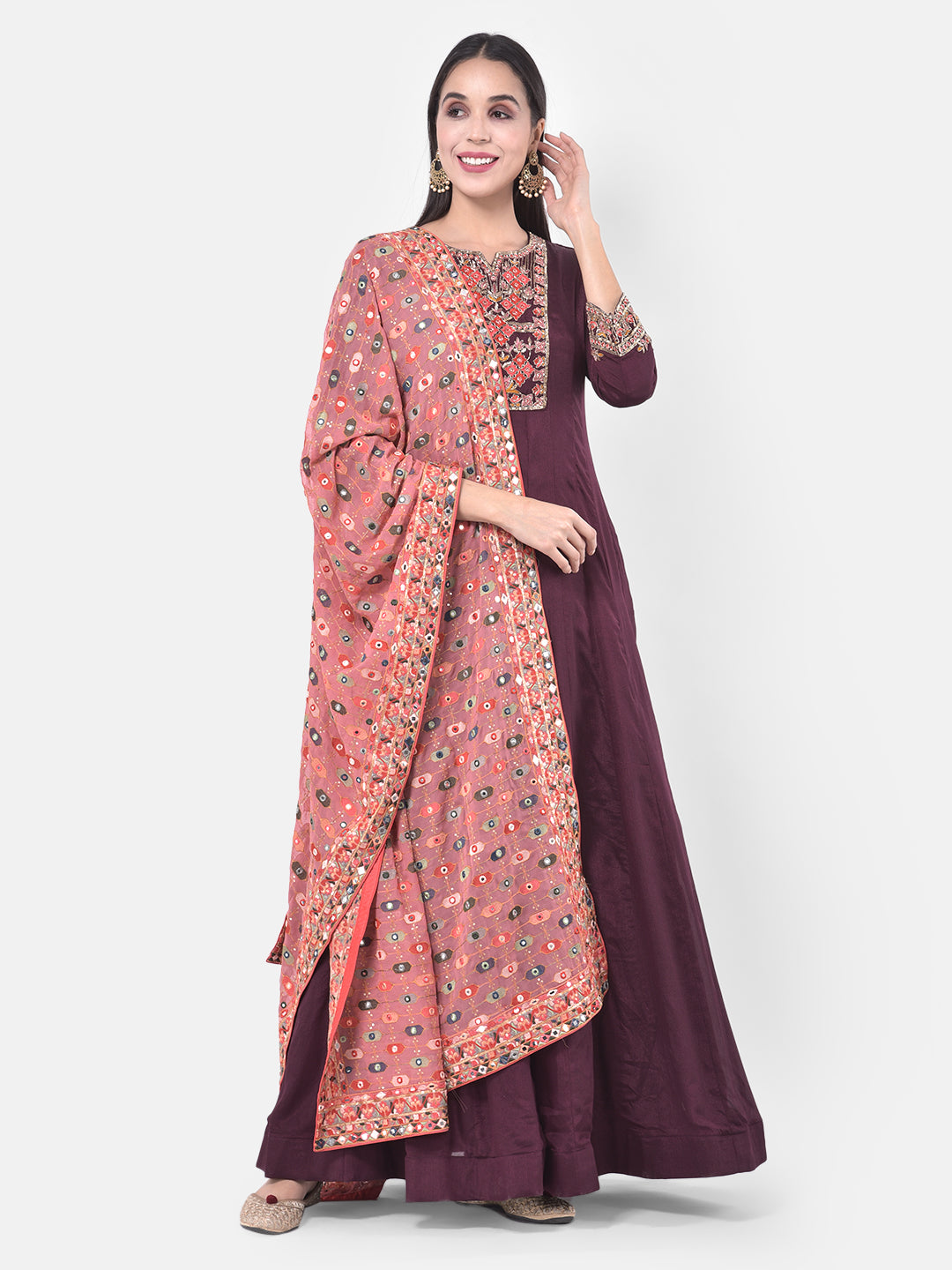 Neerus Purple Embroidered Anarkali Kurta With Dupatta