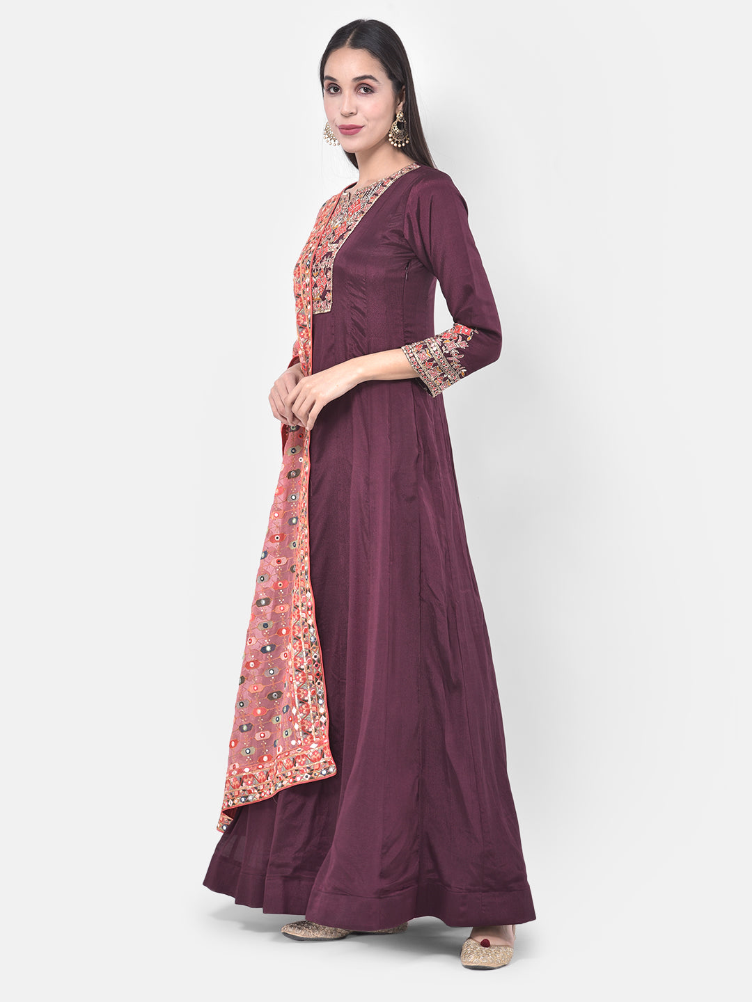 Neerus Purple Embroidered Anarkali Kurta With Dupatta