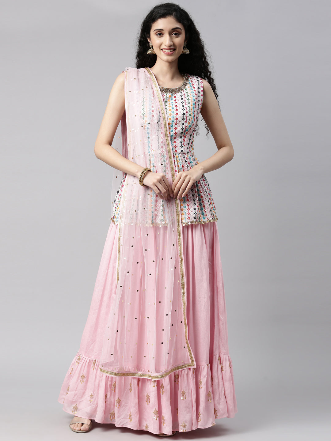 Neerus Pink Color Georgette Fabric Kurta Set