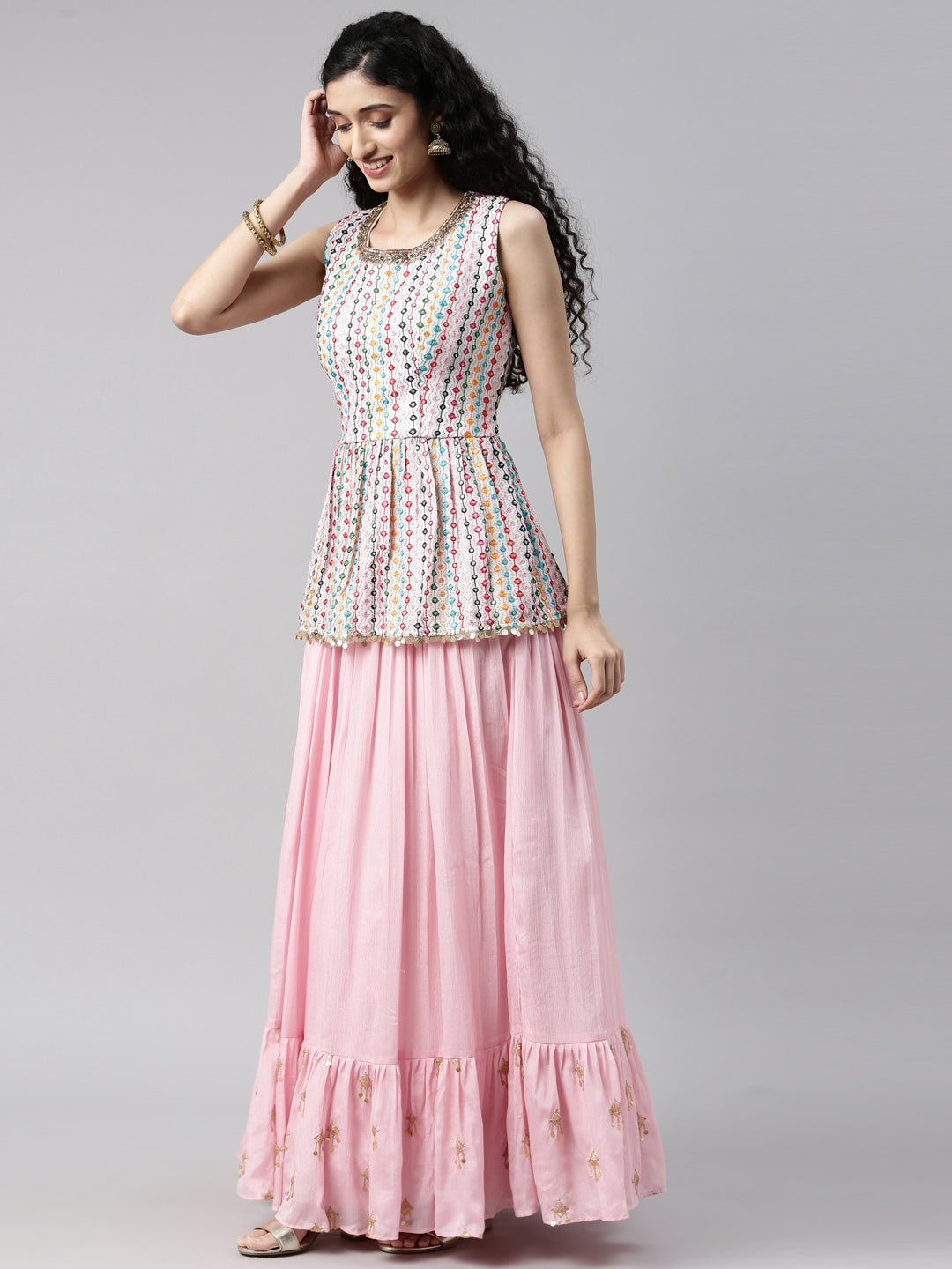 Neerus Pink Color Georgette Fabric Kurta Set