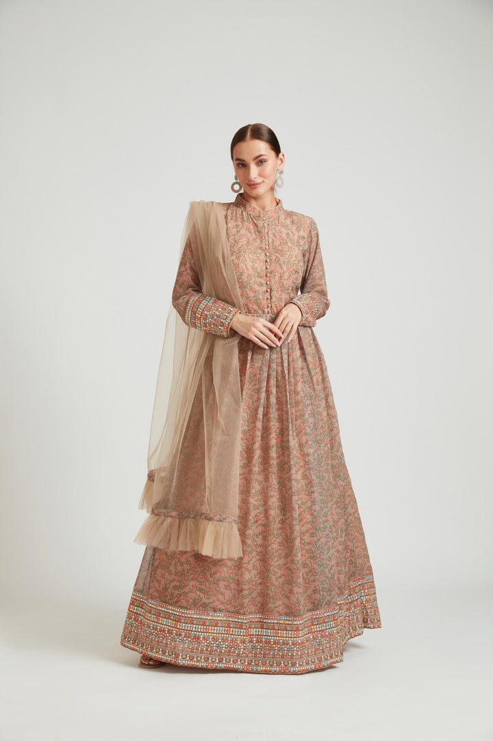 Neerus Beige georgette anarkali ethnic wear - front view