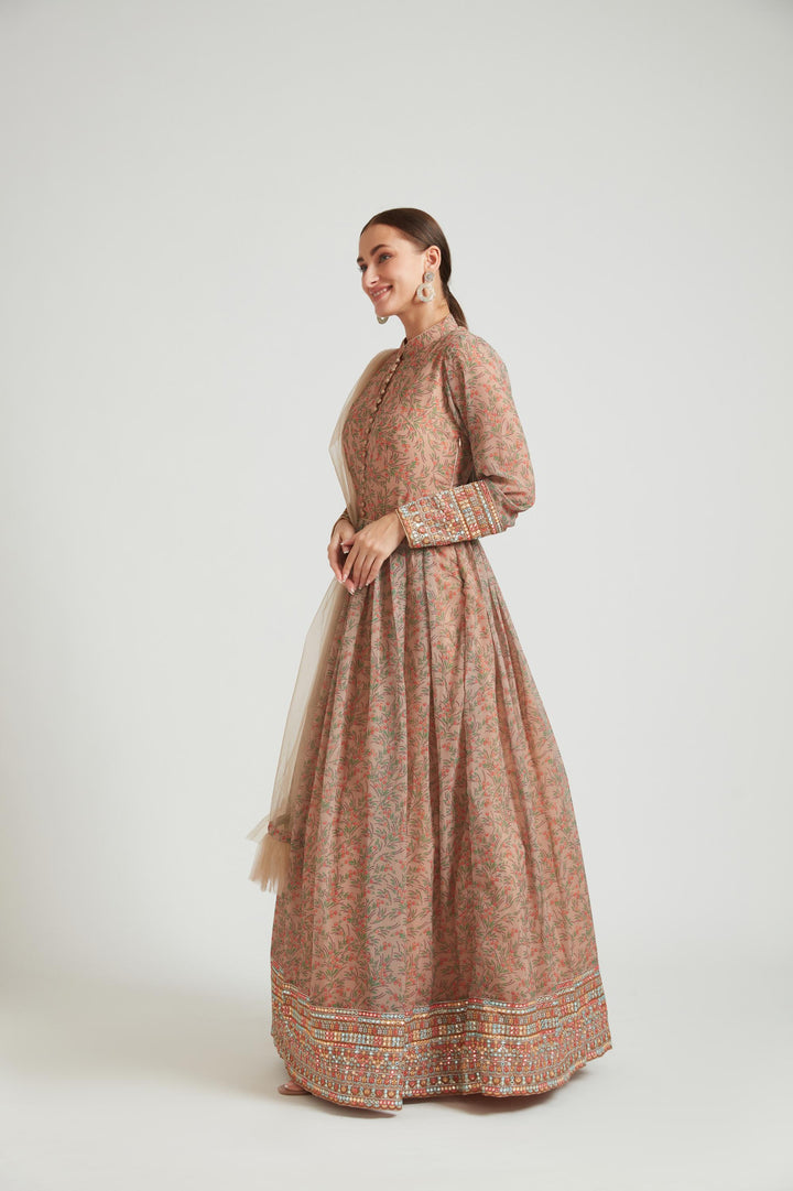 Neerus Beige georgette anarkali ethnic wear - back view