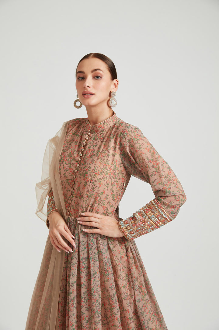 Neerus Beige georgette anarkali ethnic wear - side view