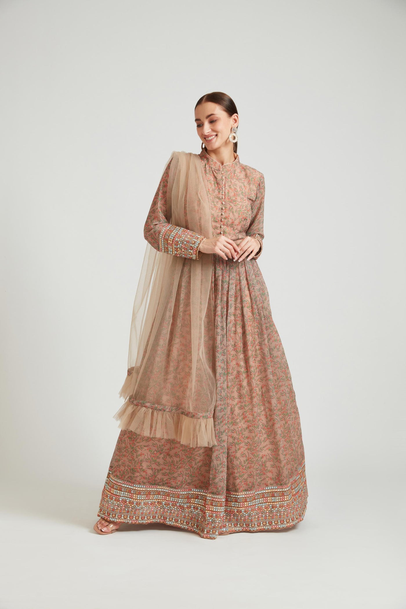 Neeru's Chikoo Color Georgette Fabric Anarkali