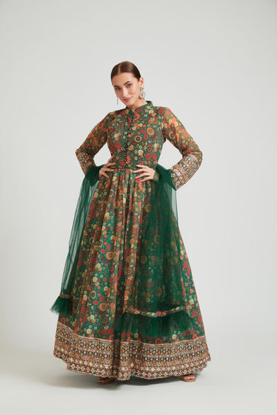 Neeru's Green Color Georgette Fabric Anarkali