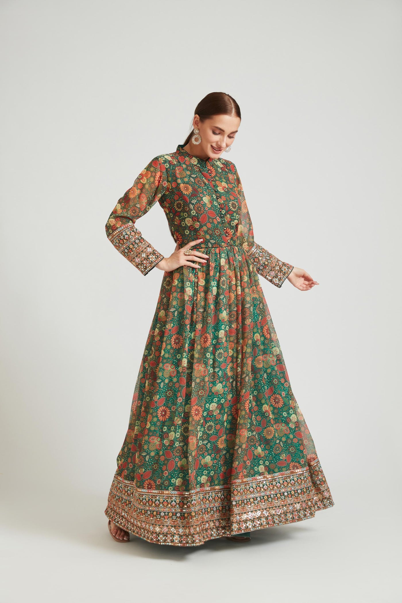 Neeru's Green Color Georgette Fabric Anarkali