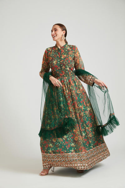 Neeru's Green Color Georgette Fabric Anarkali
