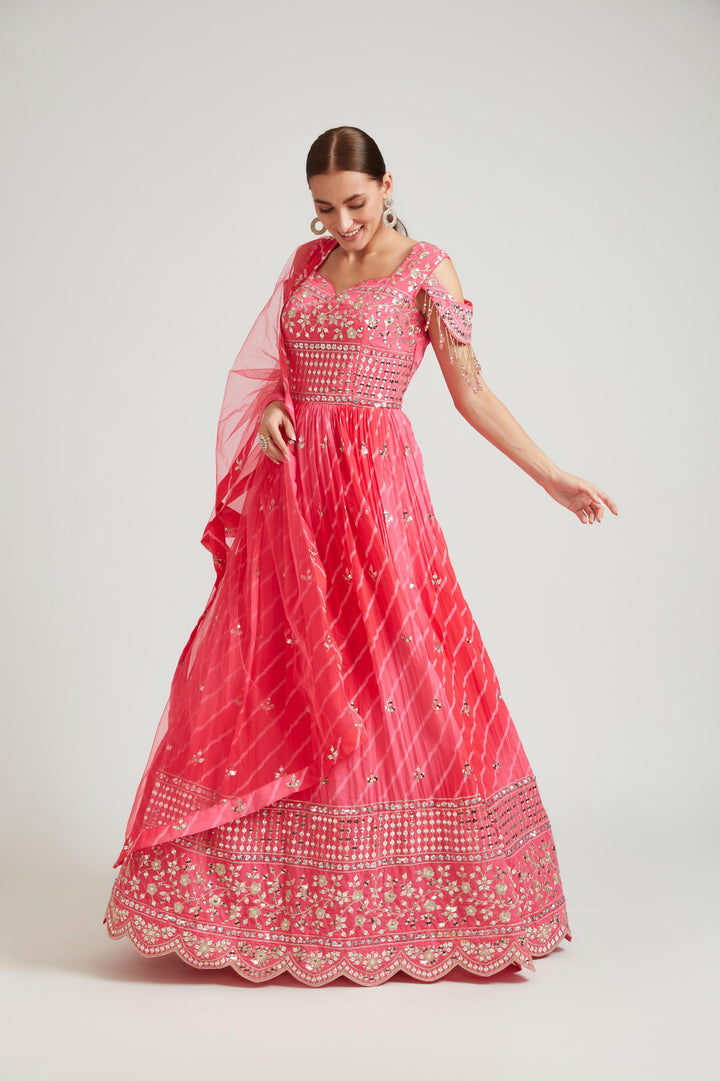 Neerus Pink georgette maxi gown - back view