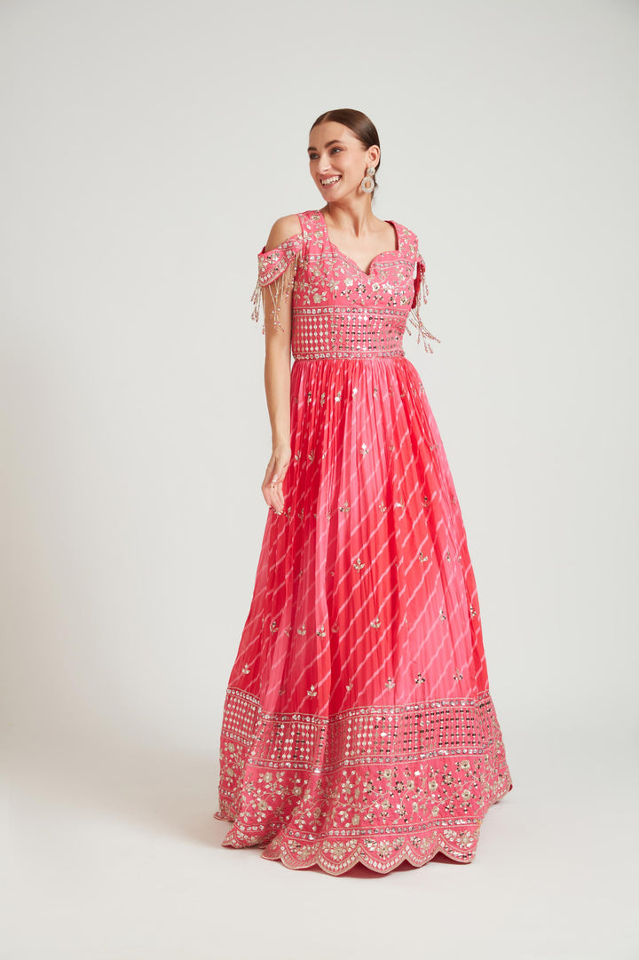 Neerus Pink georgette maxi gown - detail view 2