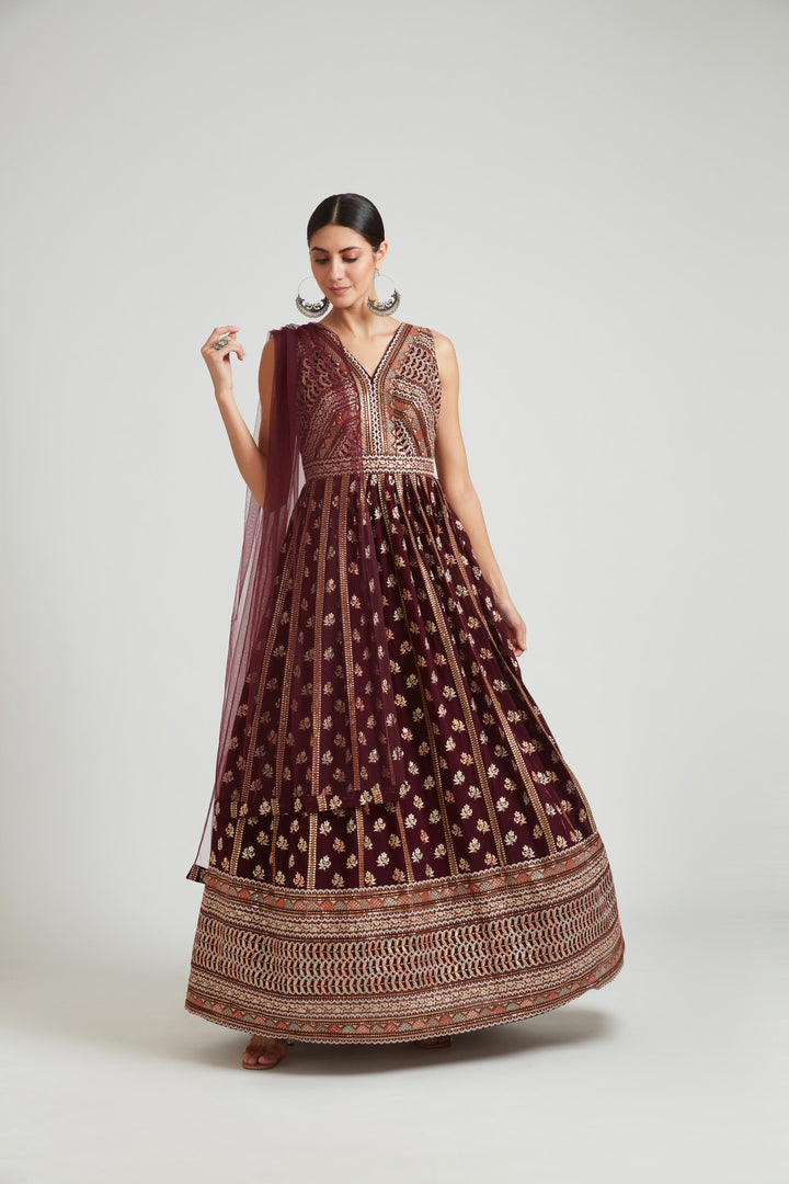 Neerus Maroon georgette maxi gown - back view