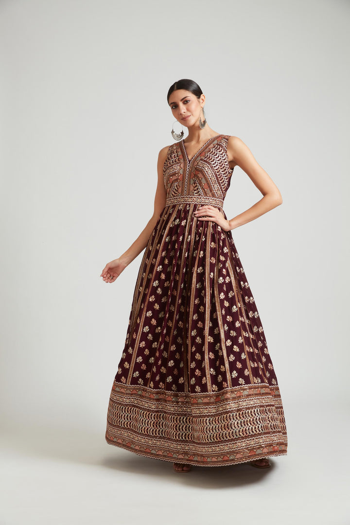 Neerus Maroon georgette maxi gown - detail view 1