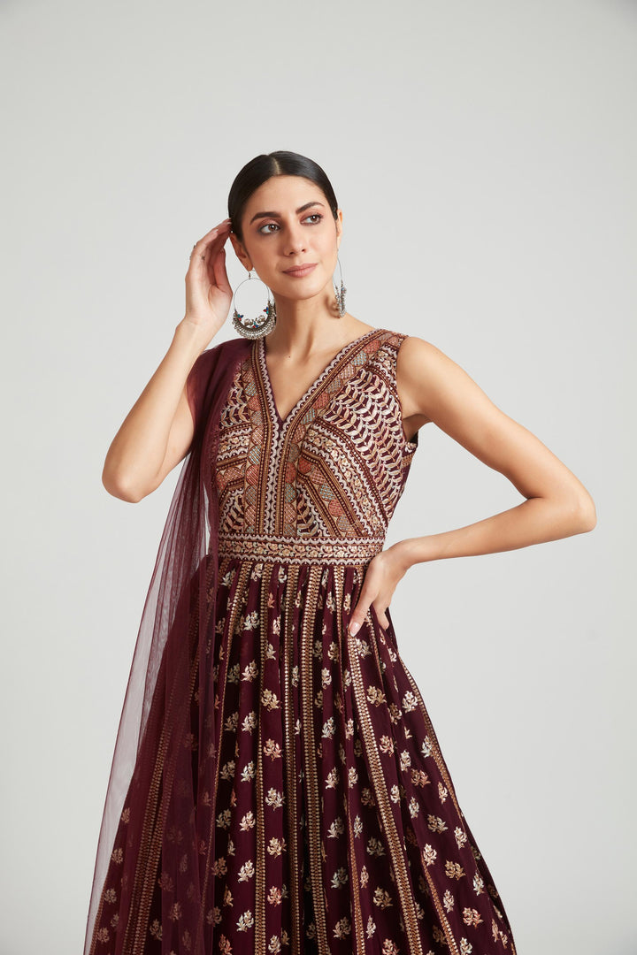 Neerus Maroon georgette maxi gown - detail view 2