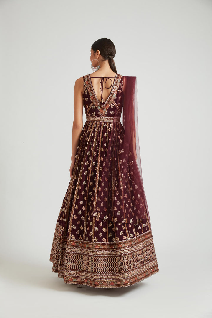 Neerus Maroon georgette maxi gown - detail view 3