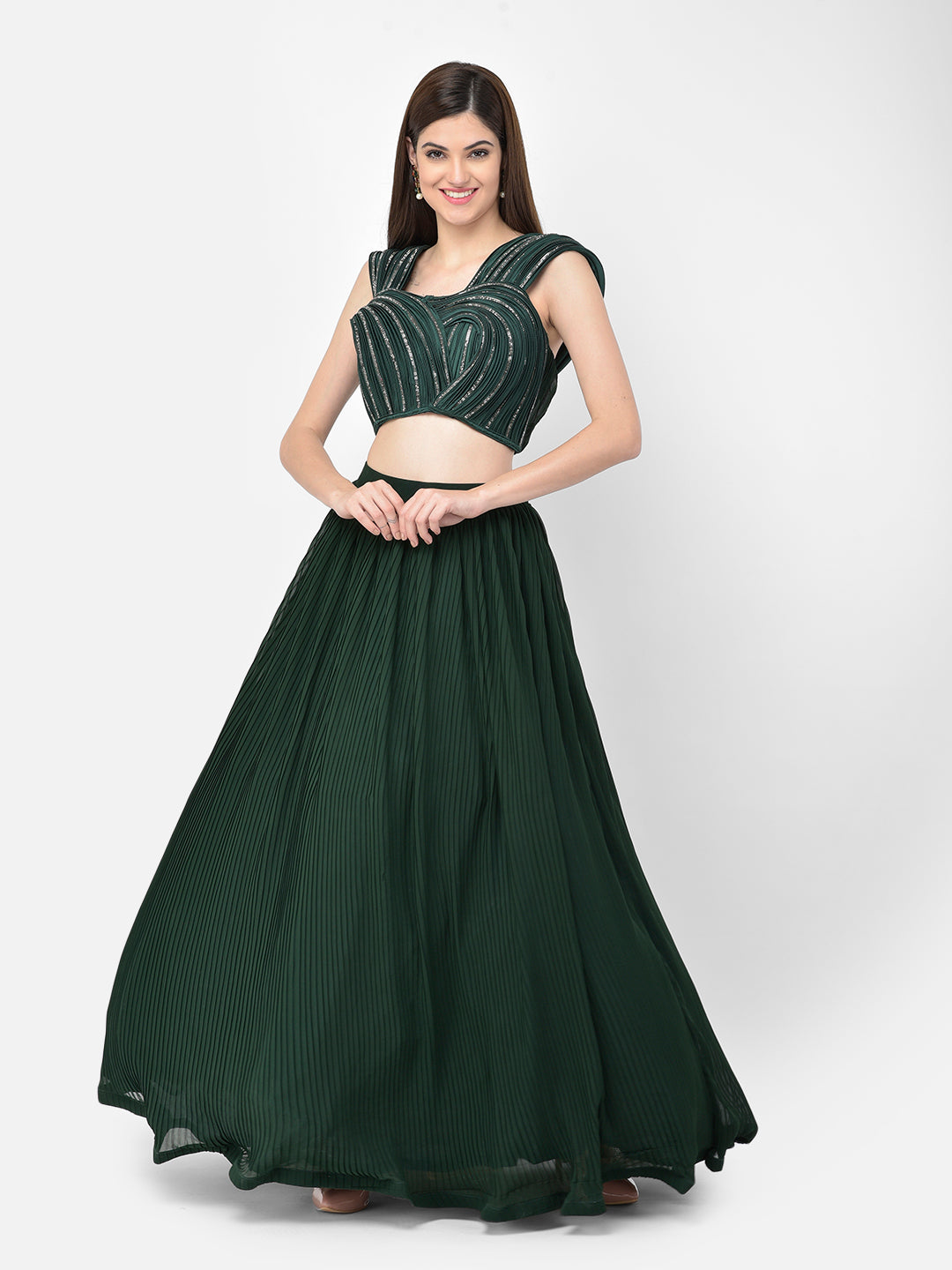 Neeru'S Bottle Green Color Georgette Fabric Lehenga Choli